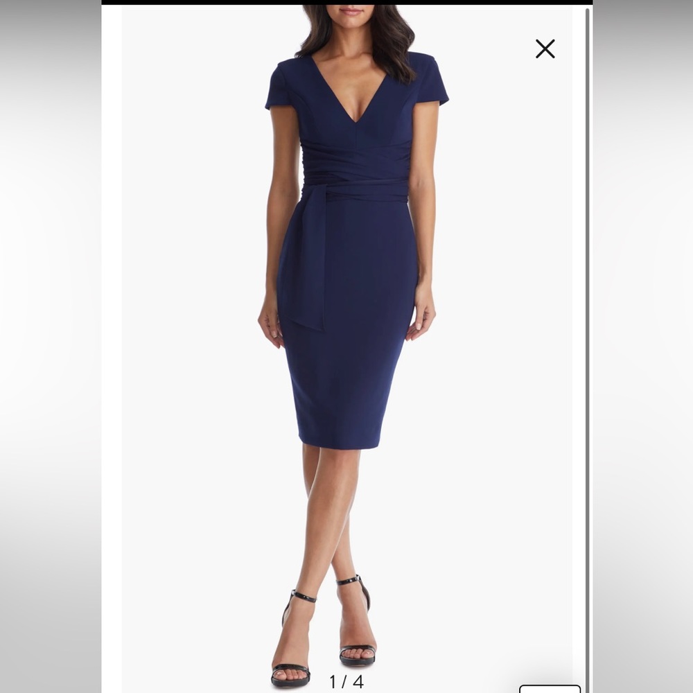 Classic V-Neck Navy Sheath Dress with Waist Tie